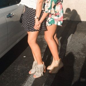 Grey suede fringe block heels